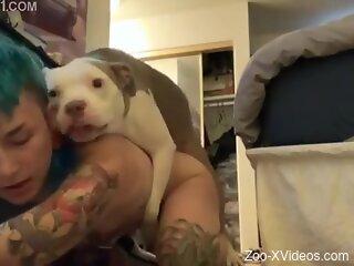 Inked woman cam fucked by her dog in homemade zoophilia